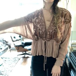 Free People Taupe Embroidered Blouse